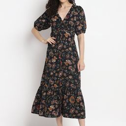 Porsorte Floral Printed Puff Sleeve Cotton A-Line Midi Dress-image-3