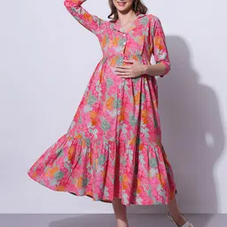 Aanyor Floral Printed Tiered Detail Pure Cotton Maternity Fit and Flare Midi Dress-picture-54