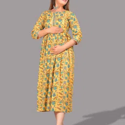 UNIBLISS Floral Printed Cotton Maternity Feeding A-Line Midi Dress-picture-27