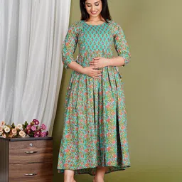 Gujari Floral Printed Gathered or Pleated Cotton Maternity Empire Midi Dress-image-23