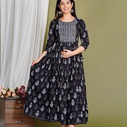 Gujari Floral Printed Gathered or Pleated Maternity Fit and Flare Cotton Maxi Dress-picture-17