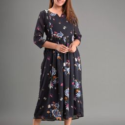 KALINI Women Black Floral Georgette Maternity A-Line Midi Dress-image-34