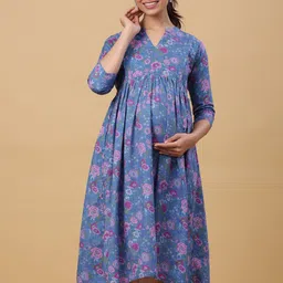 CRAFIQA Floral Printed Maternity Empire Midi Cotton Dress-image-81