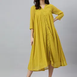 Janasya Women Mustard Yellow Poly Chiffon Self Design Front Slit Dress-picture-27