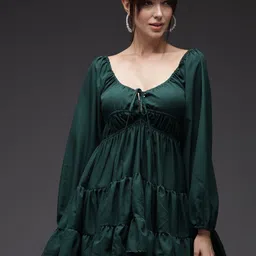 BAESD Tie-Up Neck Puff Sleeves Crepe Empire Mini Dress-picture-42