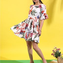 Campus Sutra White Tropical Printed Bell Sleeves Gathered Tiered Fit & Flare Dress-image-23