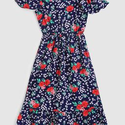 YK Girls Navy Blue & Red Floral Printed Smocked Flared Sleeves Fit & Flare Dress-image-82
