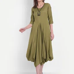 SUTI Women Olive Green Solid Balloon Midi Dress-image-12
