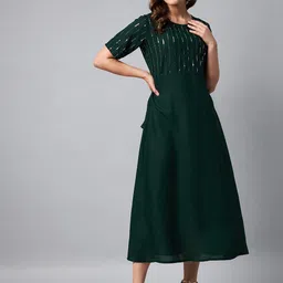 Orchid Blues Green Embellished Pure Cotton Midi Dress-image-28