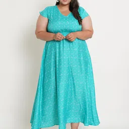 U&F Women's Plus Size Turquoise Blue Ethnic Motifs Crepe Maxi Dress-picture-47