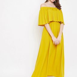 Berrylush Yellow Off-Shoulder Layered Crepe Maxi Dress-image-2