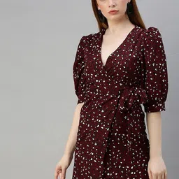 Sera Burgundy & White Animal Printed Puff Sleeves Crepe Wrap Mini Dress-picture-33