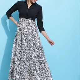 SQew Abstract Printed Shirt Collar Maxi Dress-image-7