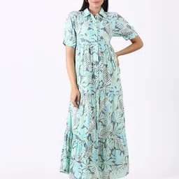 BAESD Floral Print Shirt Collar Gathered  Cotton Maxi Dress-picture-20
