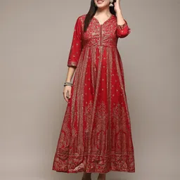 Biba Ethnic Motifs Printed V-Neck Sequinned Detailed Fit & Flare Midi Ethnic Dress-30