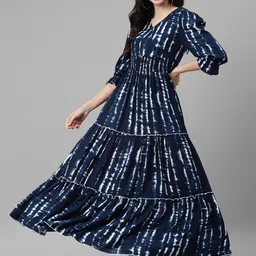 DEEBACO Navy Blue Ethnic Motifs Print Maxi Dress-image-5