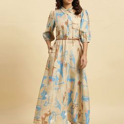 W Abstract Printed Belted Detailed Shirt Collar Puff Sleeves A-Line Maxi Dress-picture-8