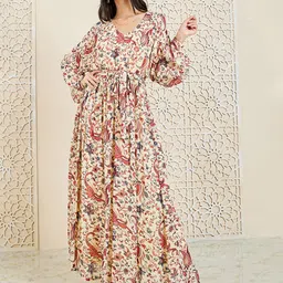 Styli Ethnic Motifs Printed Bishop Sleeves Tie Up Maxi Dress-image-49
