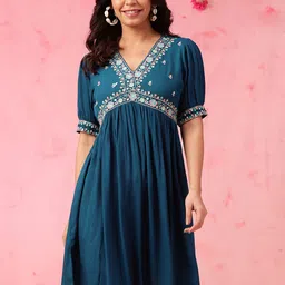 Anouk Teal Floral Embroidered Puff Sleeves A-Line Knee Length Liva Ethnic Dress-11