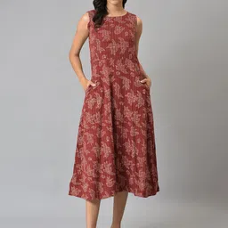 W Red Floral Pure Cotton Midi Dress-46
