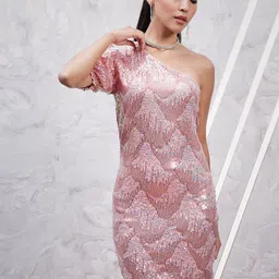 Athena Self Design One Shoulder Sequined Net Bodycon Dress-image-33