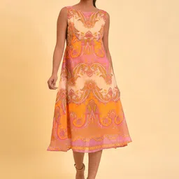 W Orange Ethnic Motifs Printed A-Line Midi Dress-image-51