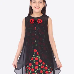 CUTECUMBER Black & Red Floral Layered High-Low Hem Georgette A-Line Dress-image-44