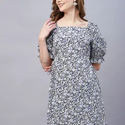 Marie Claire Black Floral Printed Puff Sleeves Georgette A-Line Dress-image-55