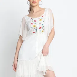 SHAYE Off White Floral Tie-Up Neck Georgette A-Line Dress-image-62