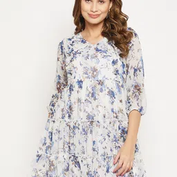 Bitterlime Floral Printed Georgette A-Line Tiered Dress-image-16