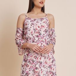 HERE&NOW Purple Floral Print Cold-Shoulder Georgette A-Line Dress-image-7