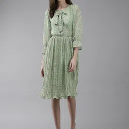 BAESD Floral Printed Bell Sleeve Accordion Pleated Georgette Fit & Flare Dress-83