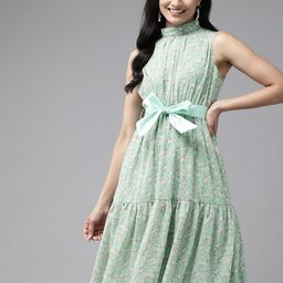 BAESD Floral Printed High Neck Belted Georgette A-Line Dress-picture-35