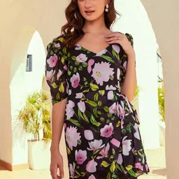 Athena Black & Lavender Floral Printed Tie-Up Georgette A-Line Mini Dress-image-29