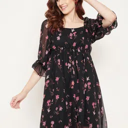 Bitterlime Floral Printed Georgette Empire Dress-picture-22