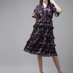 BAESD Floral Print Georgette Fit and Flare Dress-image-0