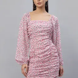 aayu Floral Printed Square Neck Puff Sleeves Georgette Sheath Dress-image-20