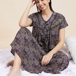 Sweet Dreams Brown Ethnic Motifs Printed Pure Cotton Maxi Nightdress-image-100