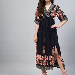 StyleStone Navy Blue Ethnic Motifs A-Line Midi Dress-picture-34