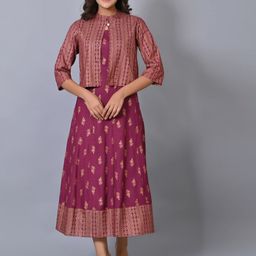 IQRAAR Purple Ethnic Motifs Printed Midi Dress-image-55