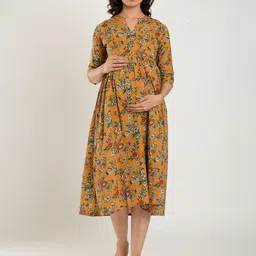 CRAFIQA Floral Print Mandarin Collar Fit & Flare Maternity Midi Dress-image-84