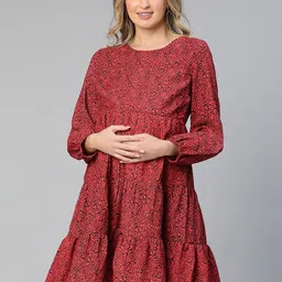 Oxolloxo Animal Printed Crepe Tiered Maternity A-line Dress-image-47