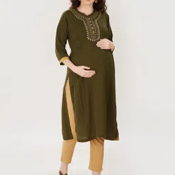 Mom For Sure by Ketki Dalal Women Olive Green Embroidered Maternity Crepe Kurta-image-59