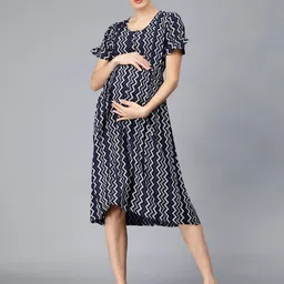 NIGHTSPREE Geometric Print Puff Sleeve Maternity Fit & Flare  Dress-image-95