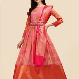 KALINI Ethnic Motifs Woven Design Jacquard Maxi Ethnic Dress With Dupatta-image-24