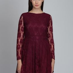 DODO & MOA Women Burgundy Self Design Boat Neck Fit & Flare  Dress-picture-42