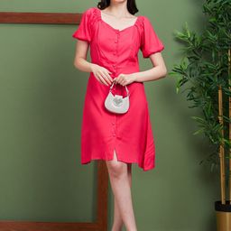 Globus Pink Puff Sleeves A-Line Dress-image-28
