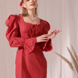 STREET 9 Tie Up Neck Puff Sleeve Pure Cotton Blouson Midi Dress-image-16