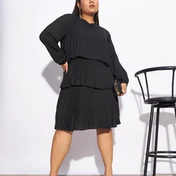 SASSAFRAS Curve Plus Size Accordion Pleats & Tiered Cuffed Sleeves A-Line Dress-69