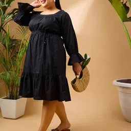 SASSAFRAS Curve Plus Size Self Design Schiffli Pure Cotton Fit and Flare Midi Dress-39